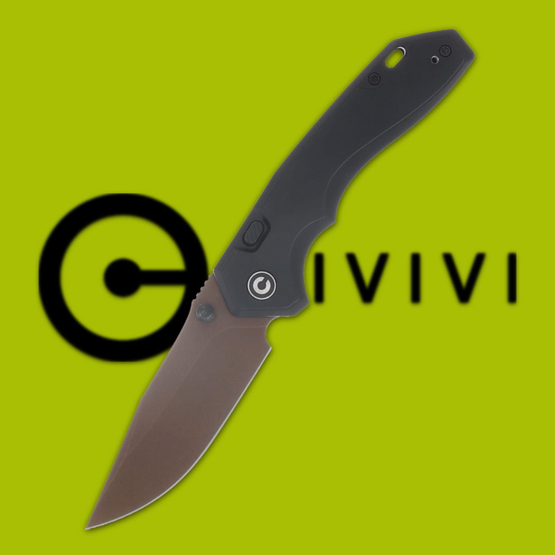 A folding knife next to the Civivi logo on a green background.