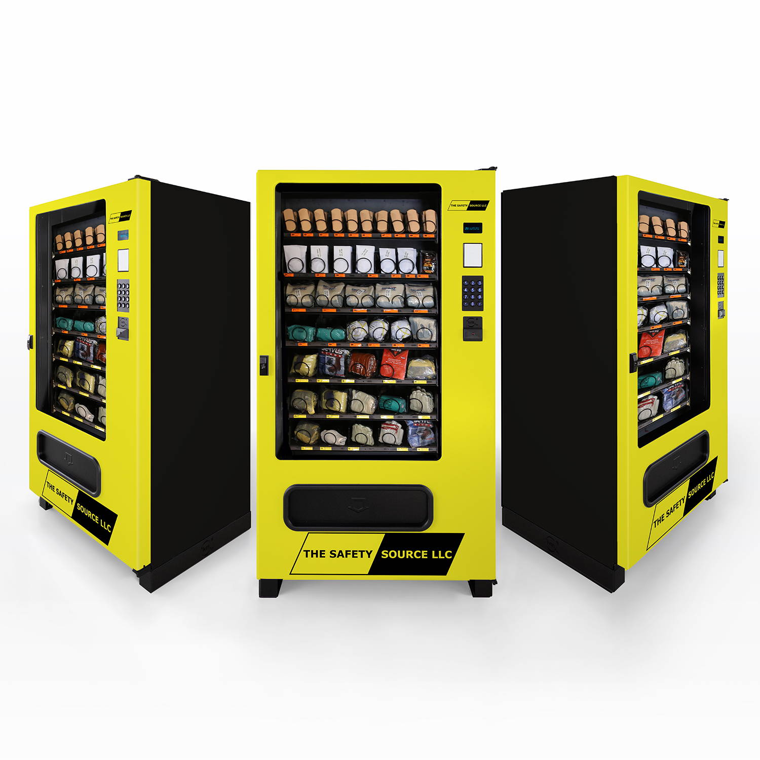 Three Safety Source PPE Vending Machines showcasing various ppe items.