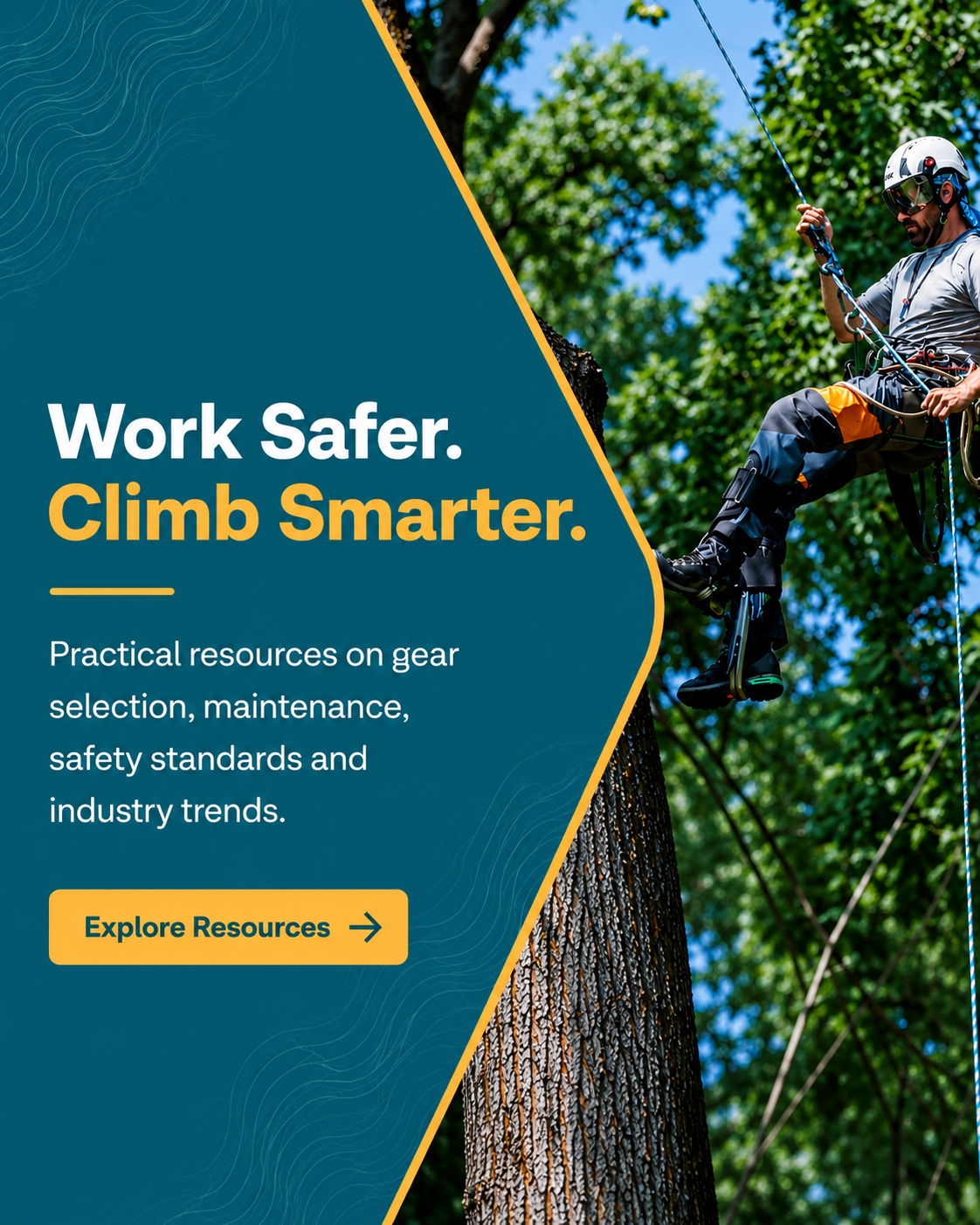 Person climbing a tree with safety gear, promoting safe climbing practices.