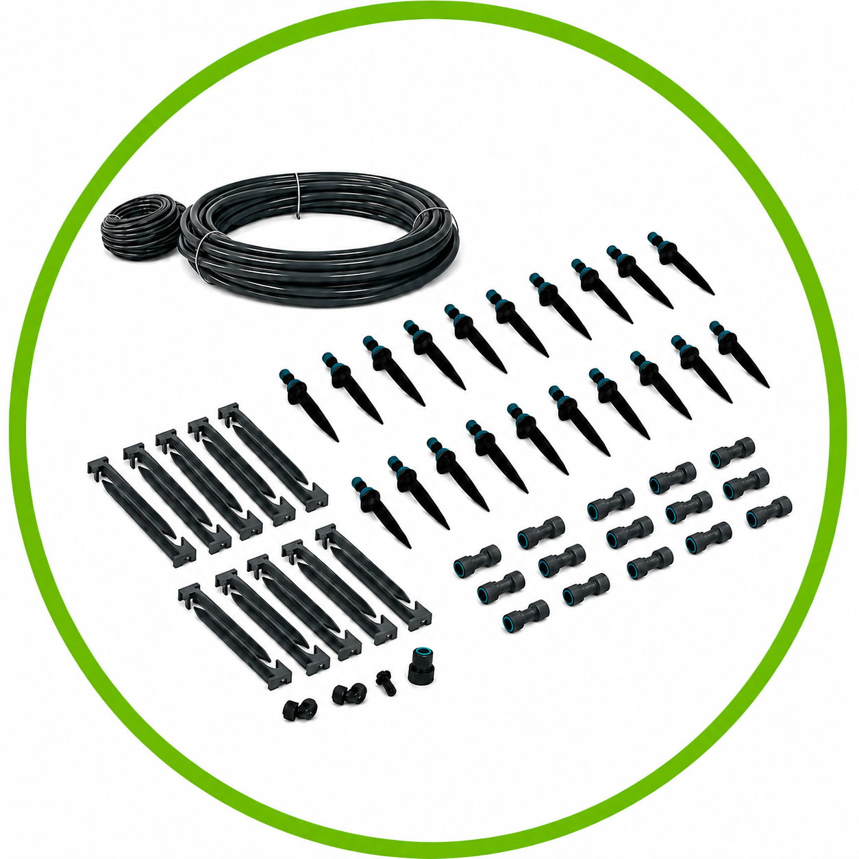 Irrigation system components including hoses, stakes, and connectors arranged neatly.