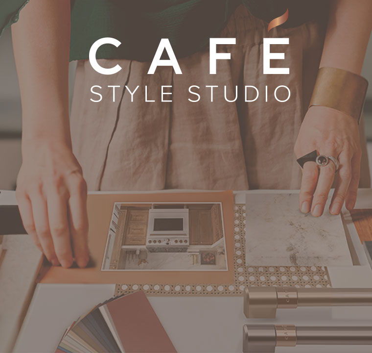 Hands arranging design materials in a studio setting, with text overlay CAFE STYLE STUDIO.