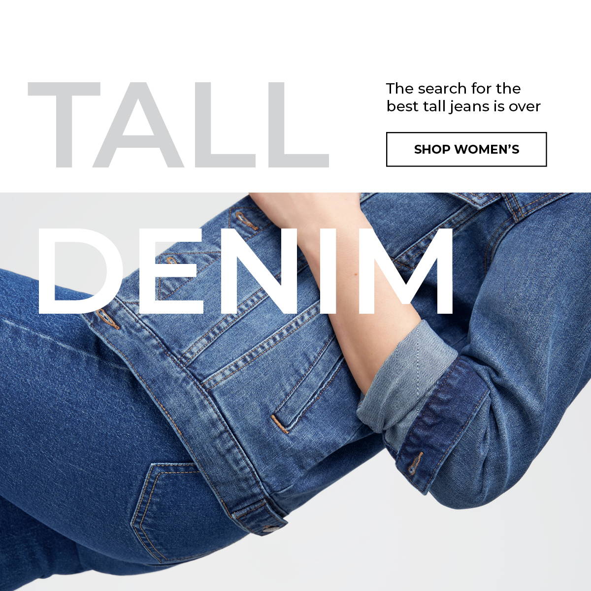Tall woman wearing a denim jacket and jeans bending over. Shop Tall Denim for Women from American Tall.