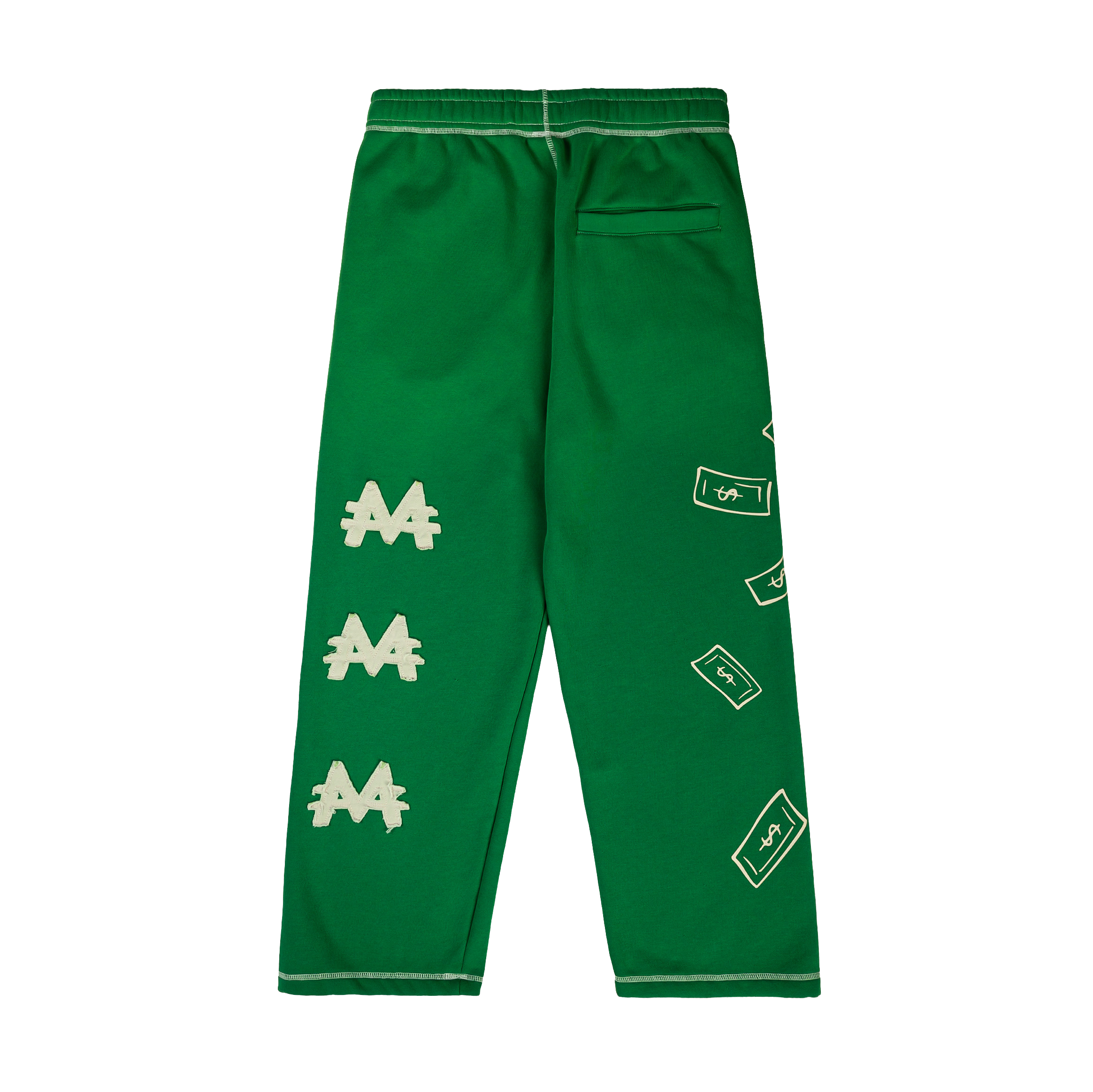 Green sweatpants with printed designs and text on the front.