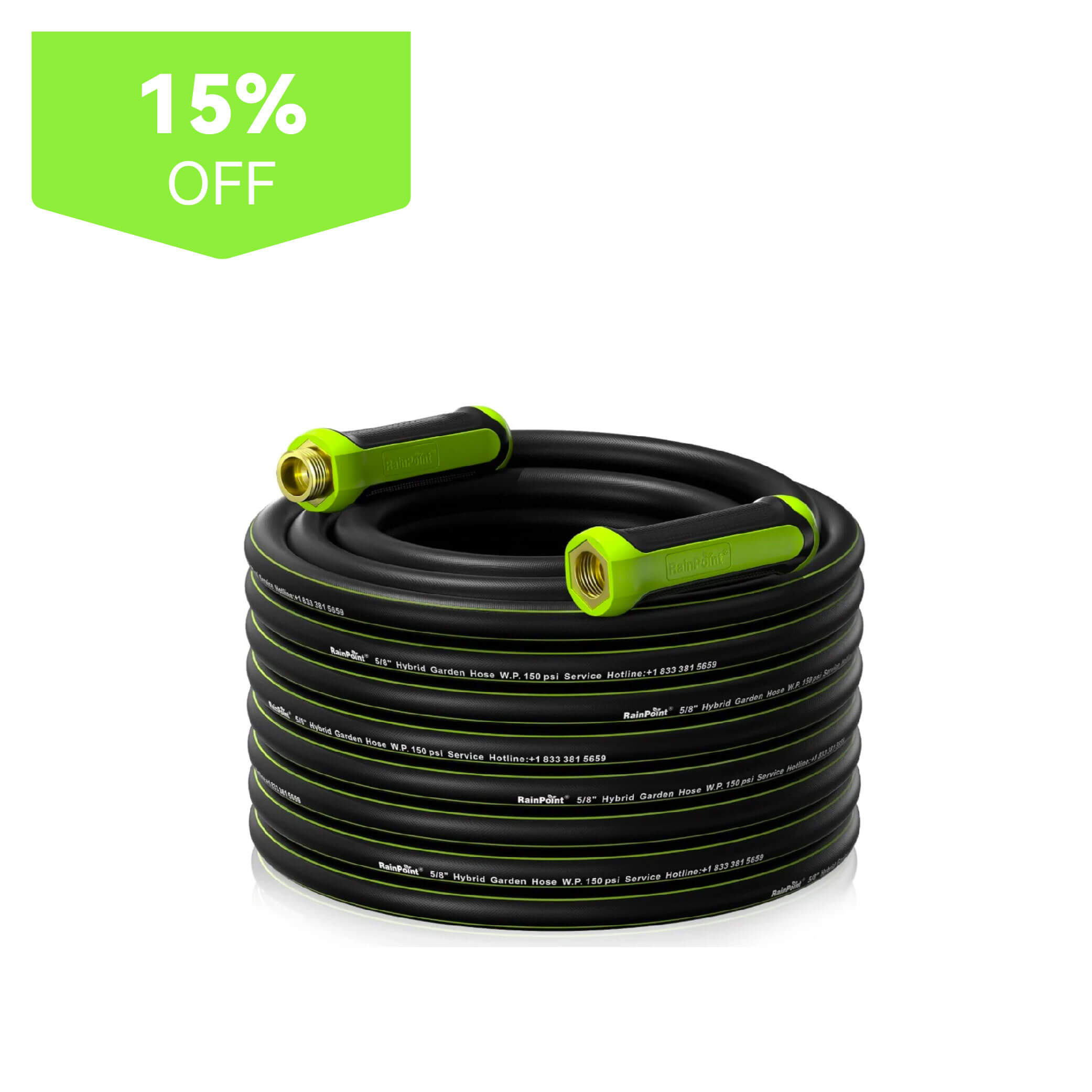 Black garden hose coiled with green handles and a 