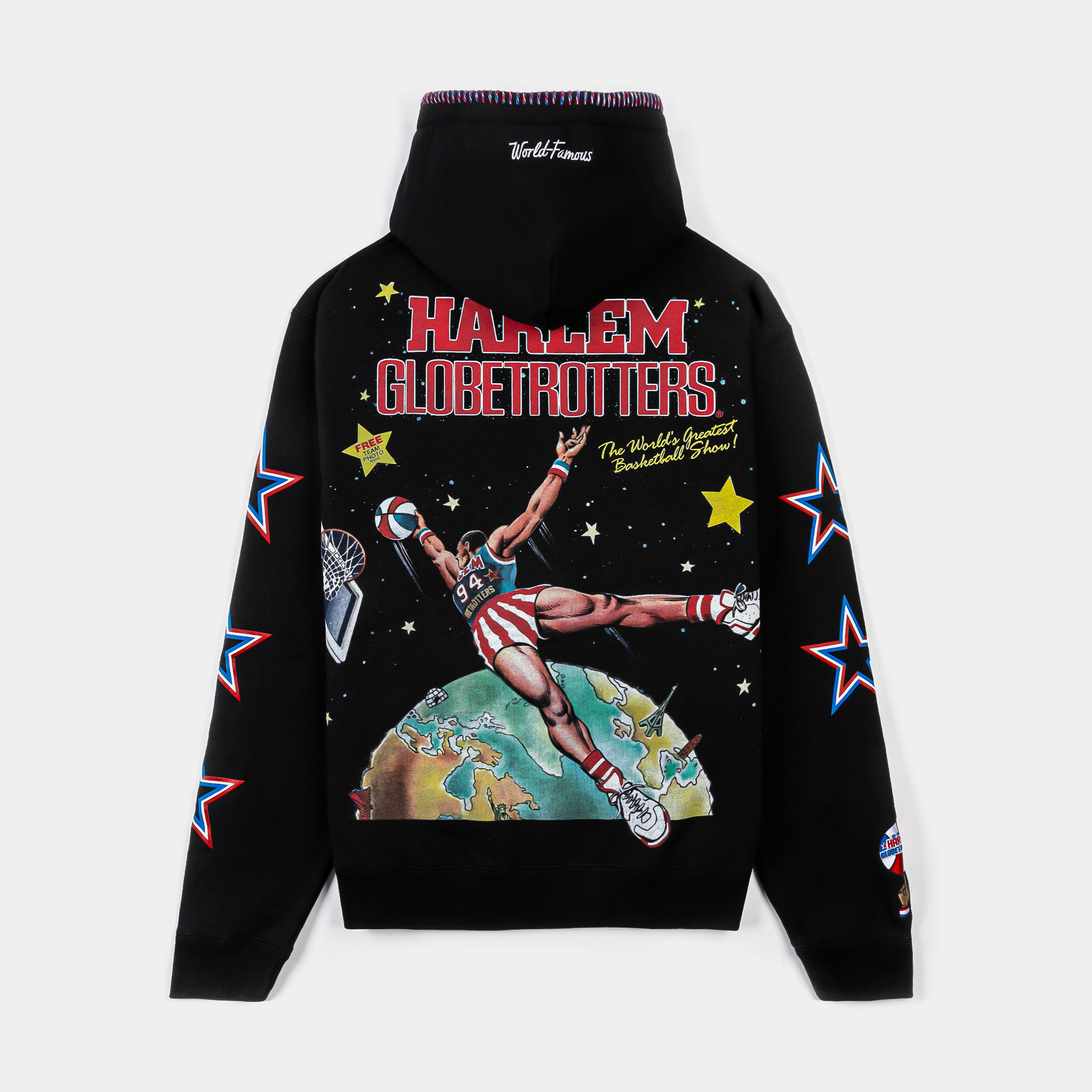 Black hoodie with colorful star designs and a circular logo.