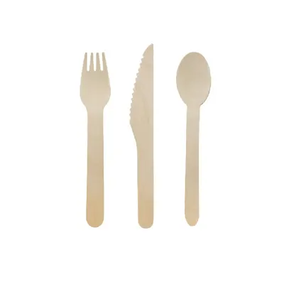A wooden cutlery set including a fork, knife, and spoon