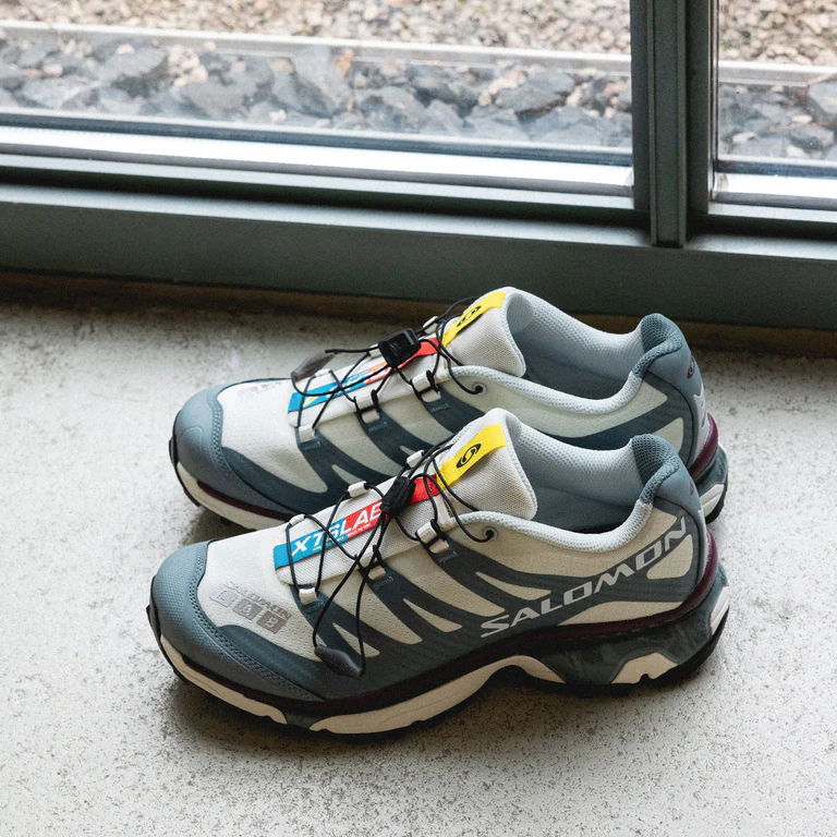 A pair of gray and white running shoes by Salomon near a window.