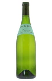 A green wine bottle with a light blue label.