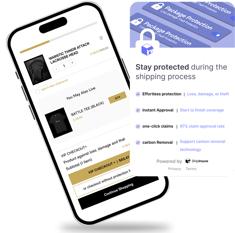 A smartphone displaying a shopping app and shipping protection information.