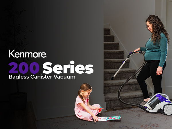 Woman vacuuming stairs with Kenmore 200 Series Bagless Canister Vacuum, child nearby.