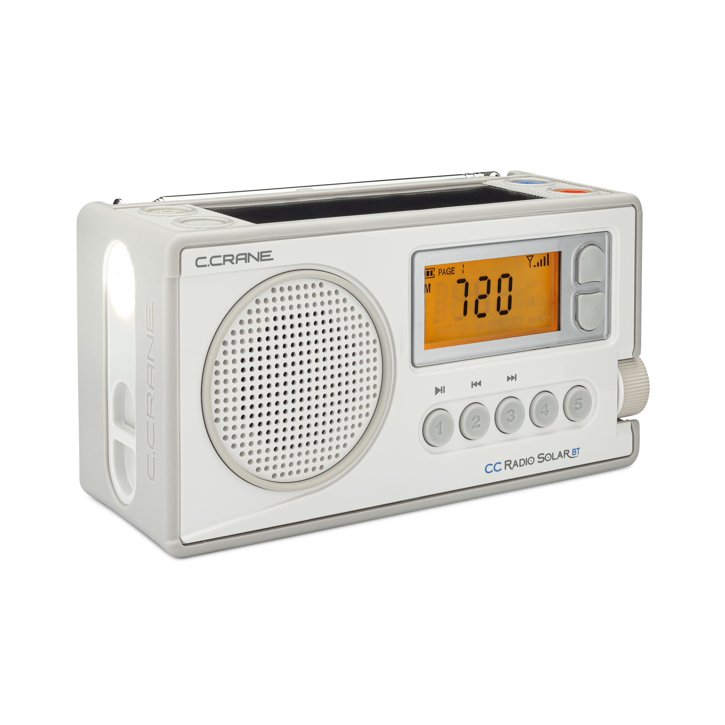 White portable radio with digital display and control buttons.