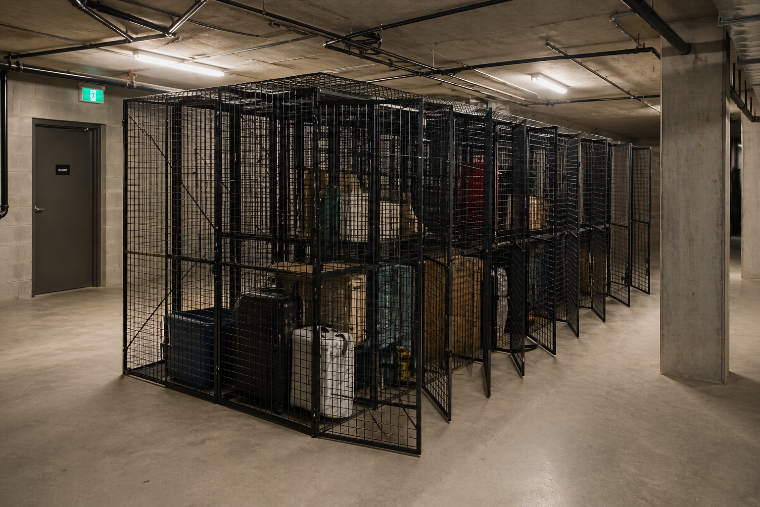 Storage area with metal cage containing various bags and boxes.