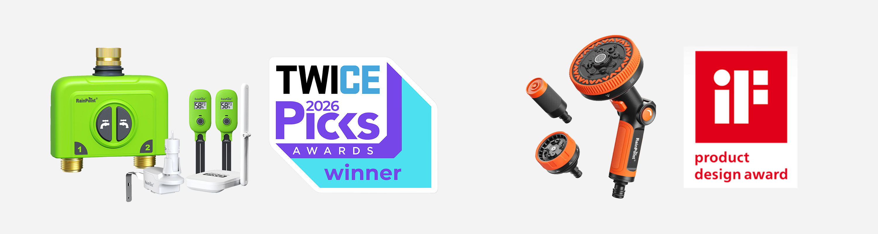 Green charger and earphones, award logos, and product design recognition.