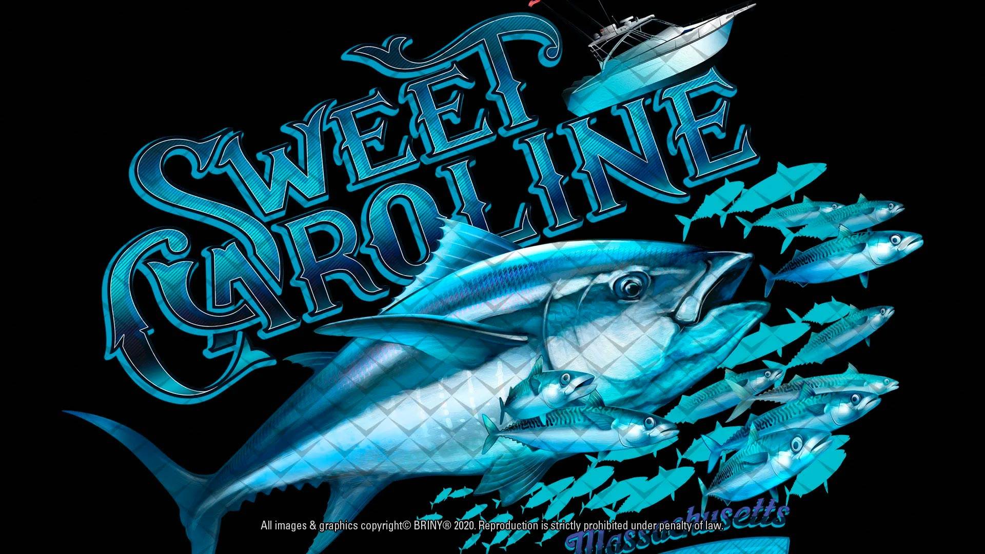 Briny-Tuna lettering and boat Graphic for custom fishing shirts