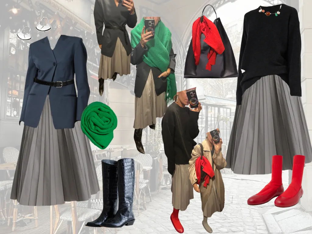 Fashion collage featuring skirts, sweaters, accessories, and stylish footwear combinations.