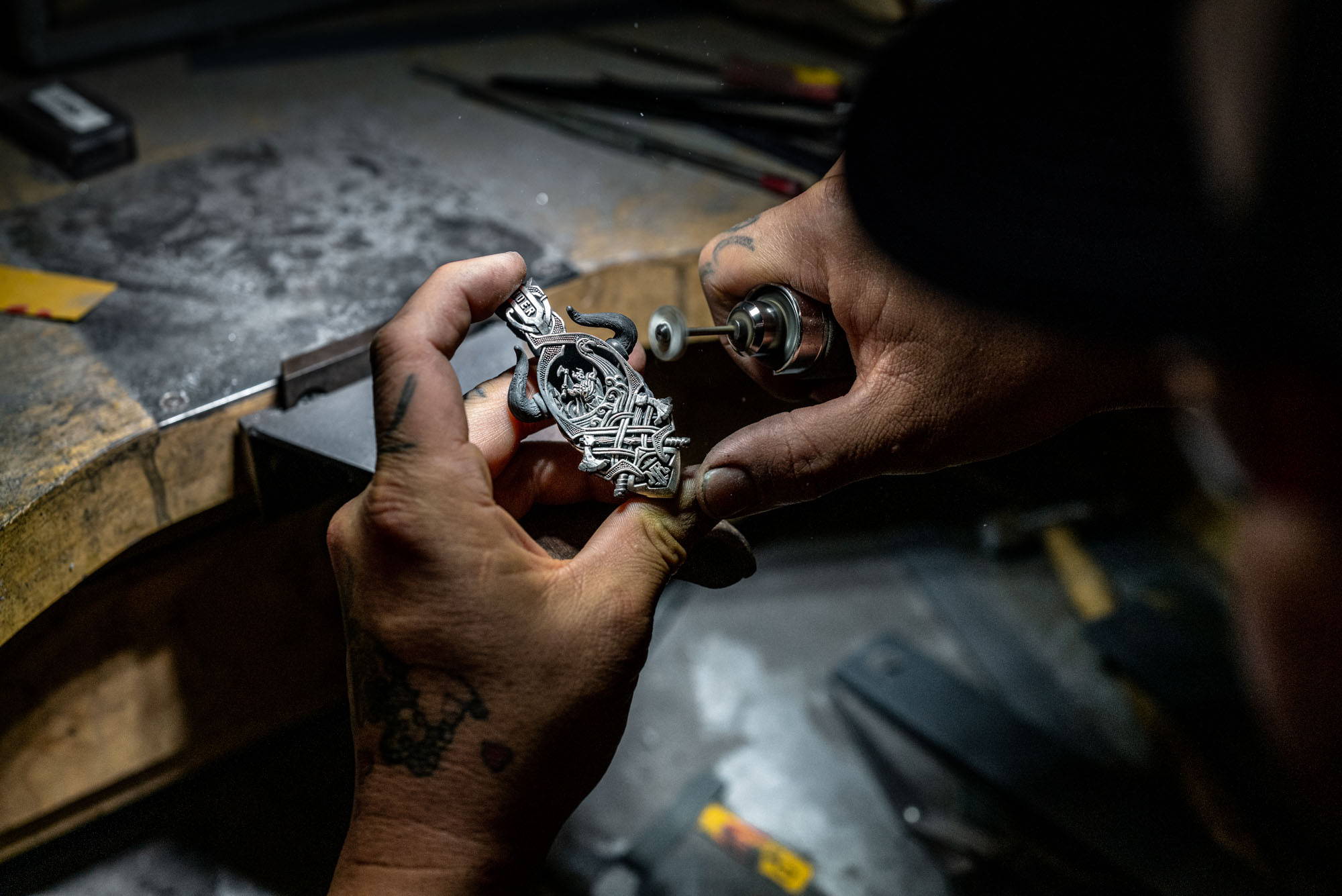 A NightRider Master Jeweler working on an Einherjar Viking Pendant