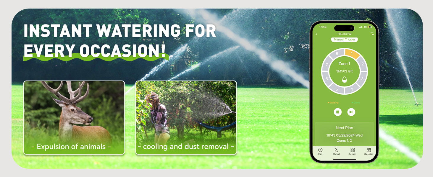 Promotional image for instant watering solutions with mobile app interface.