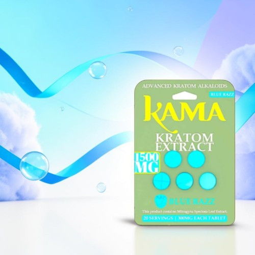 Kama Kratom extract packaging with blue tablets against a colorful background.