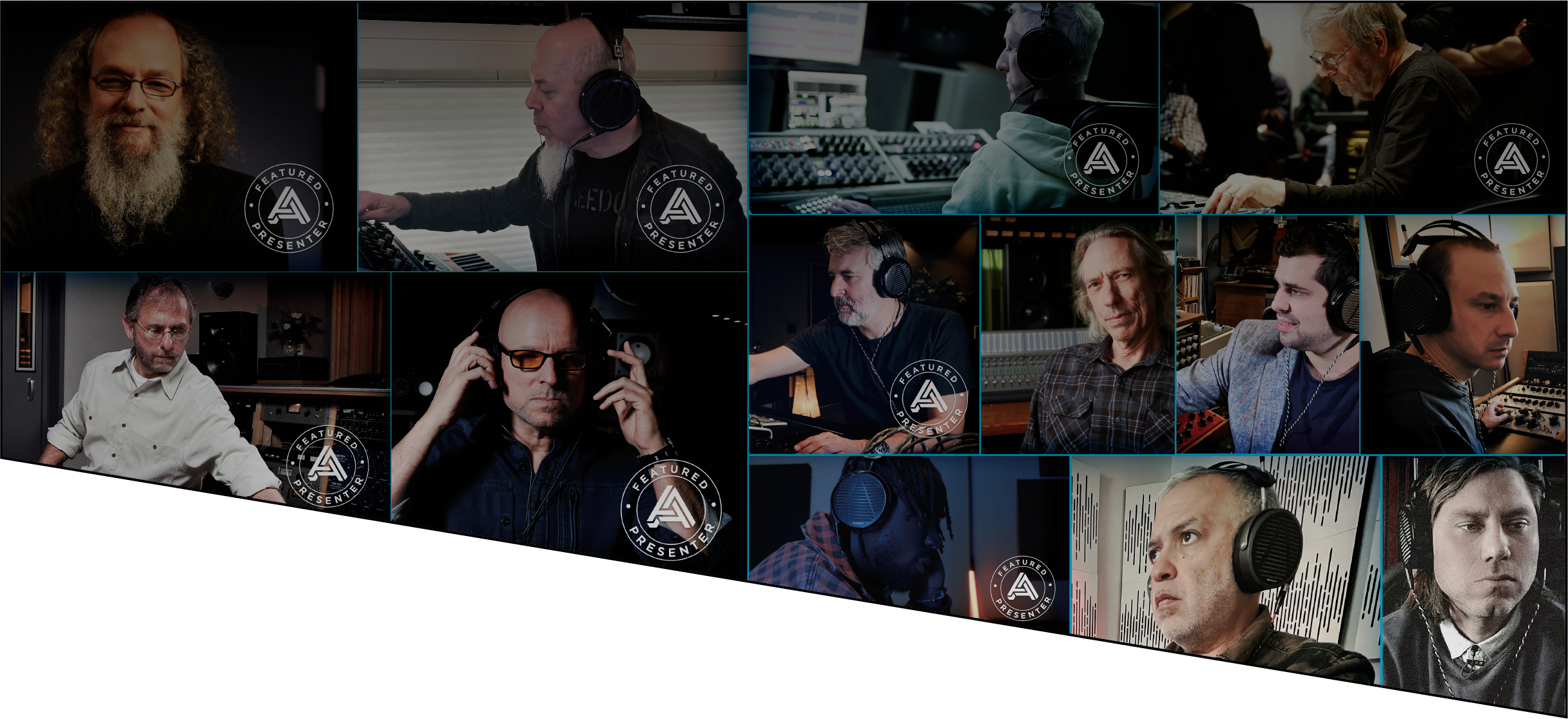 Collage of individuals wearing headphones in various audio-related settings.