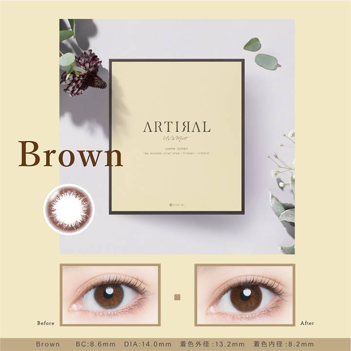 ブラウンのパッケージ画像,ブラウンの装用写真,BC8.6mm,DIA14.0mm,着色外径13.2mm,着色内径8.2mm|ARTIRAL(アーティラル)UV&MOISTコンタクトレンズ