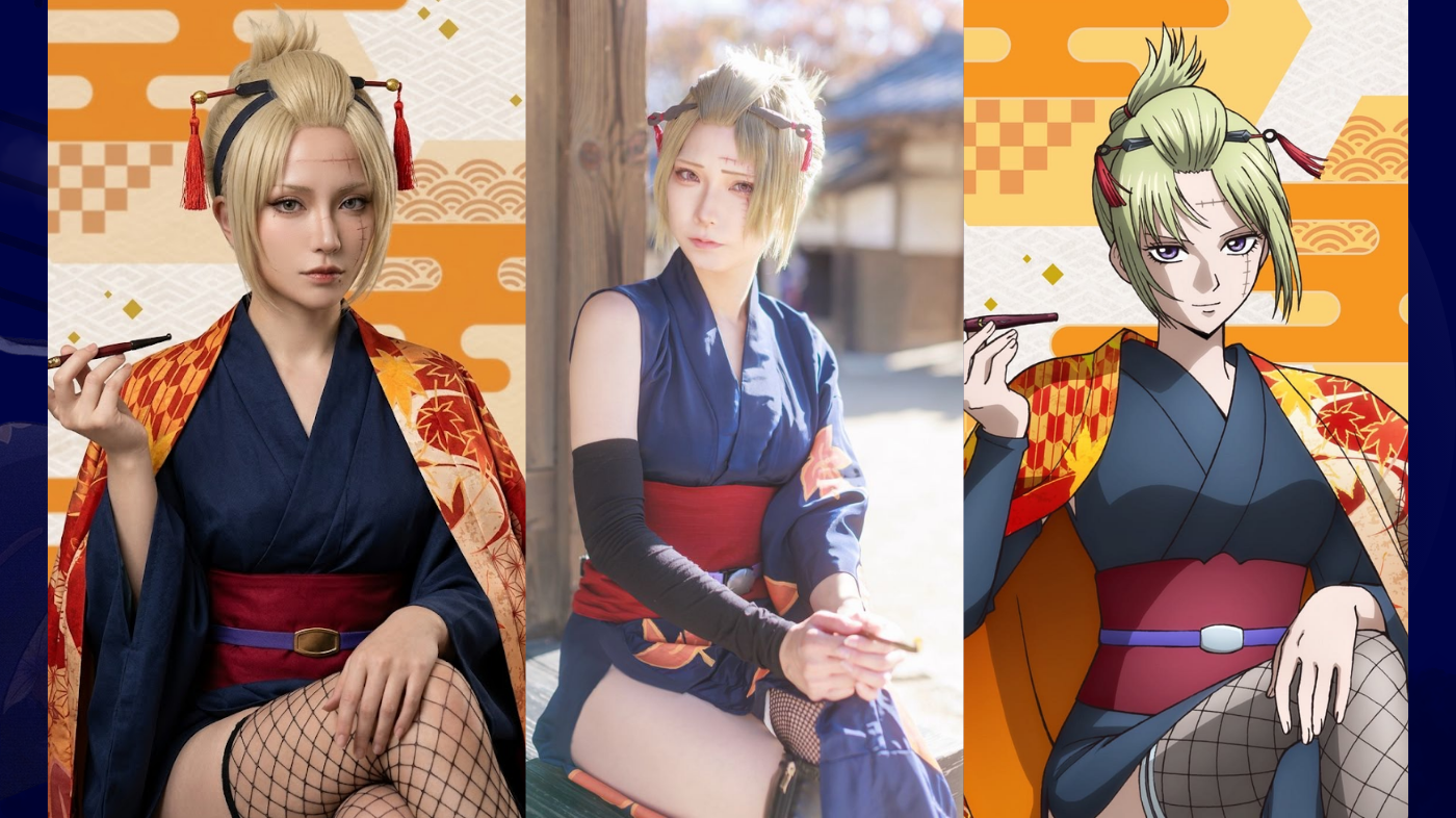 Two Tsukuyo cosplayers alongside anime illustration from Gintama showing her signature purple kimono and scar