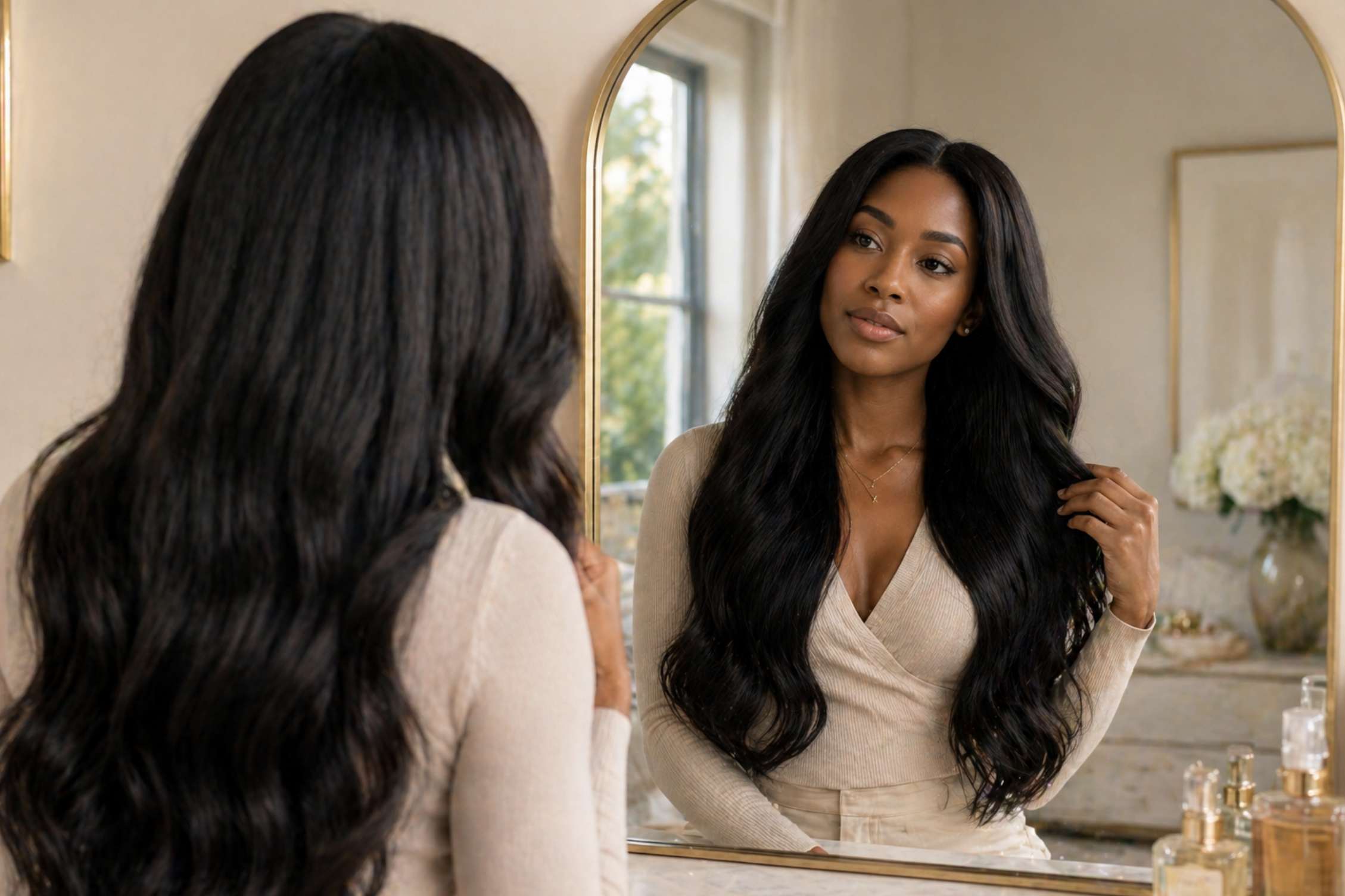 Woman with long hair looking in a mirror, wearing a light-colored top.