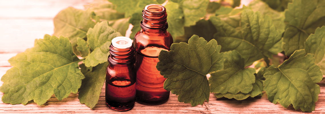 Two essential oil bottles surrounded by green leaves on a wooden surface.