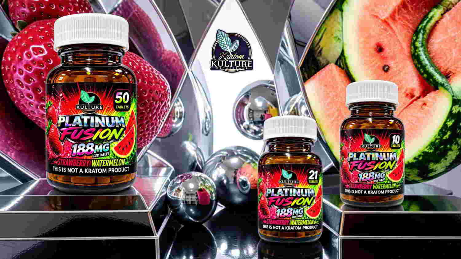 Bottles of dietary supplement with fruits in the background.