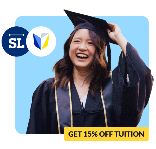Happy Graduate in cap and gown with badges showing 