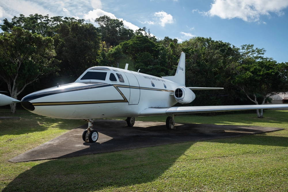 A CT-39A Sabreliner sits on display Jan. 7, 2019, at Kadena Air Base, Japan. The Sabreliner was used in support of combat operations in Southeast Asia during the Vietnam War. (U.S. Air Force photo by Airman 1st Class Matthew Seefeldt)