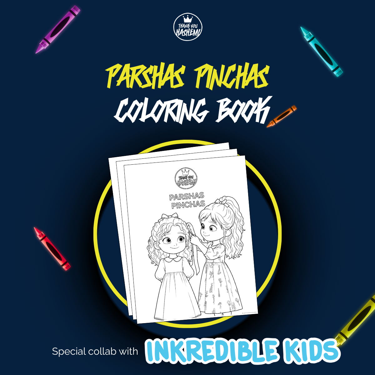 Parshas Pinchas coloring book with illustrations and colorful crayons.