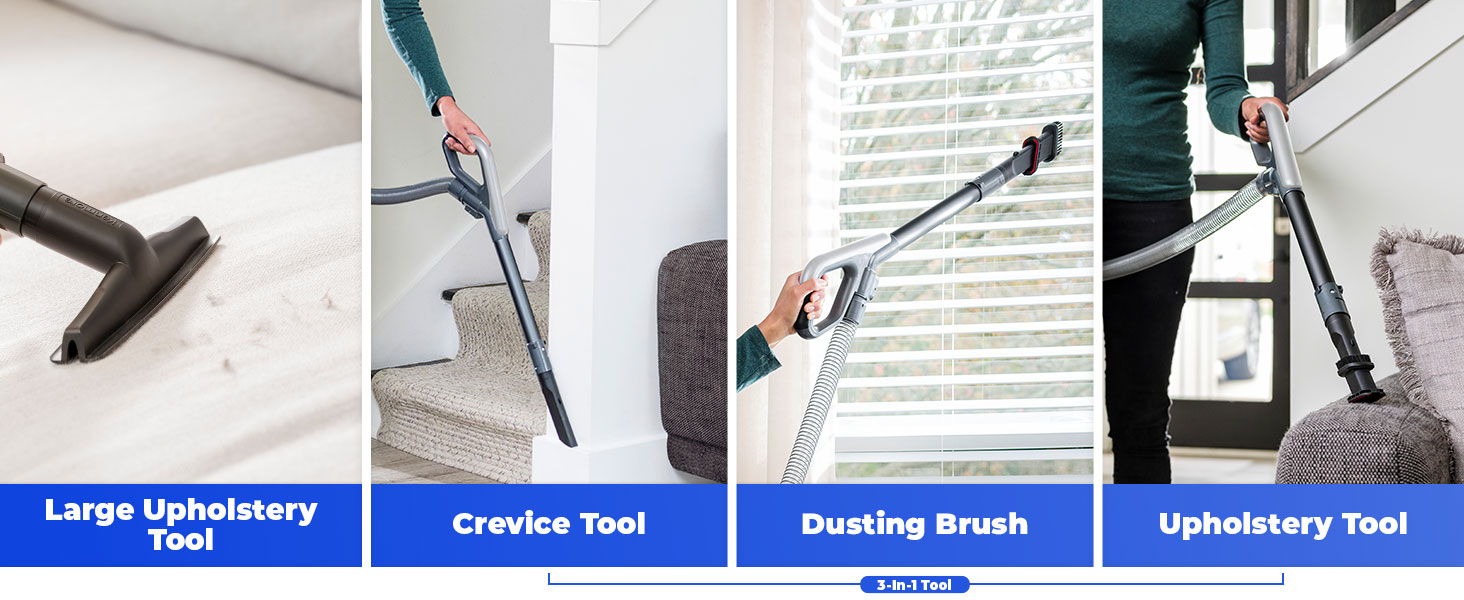 Different vacuum attachments displayed with labels: Large Upholstery Tool, Crevice Tool, Dusting Brush, Upholstery Tool.