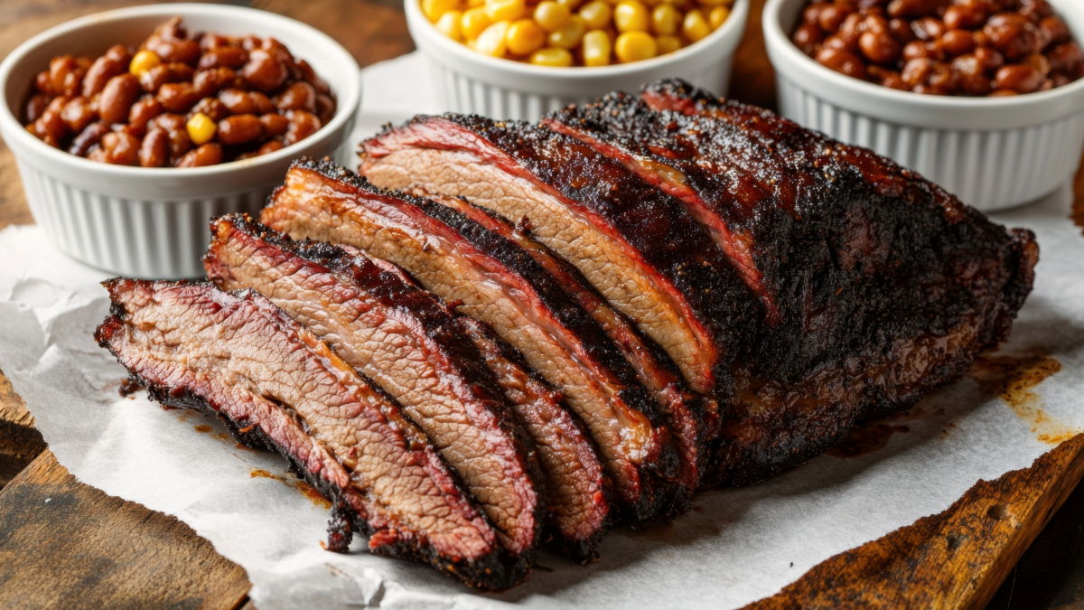 Sliced brisket with sides of baked beans and corn.