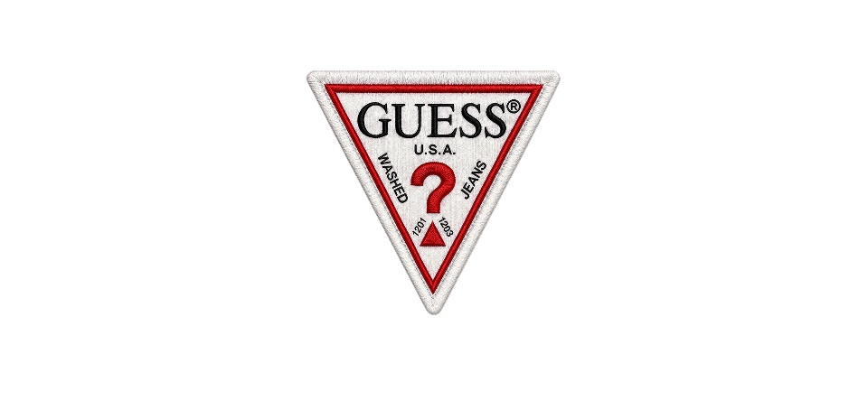 Logo of Guess featuring a triangle design with a question mark.