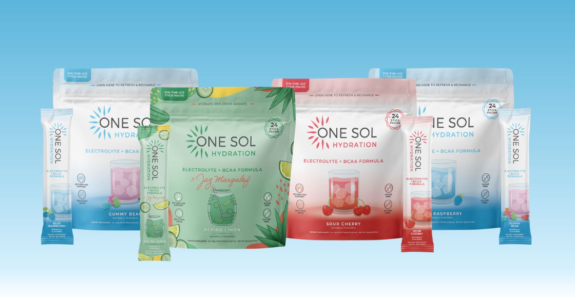 Packages of One Sol Hydration against a gradient blue background.