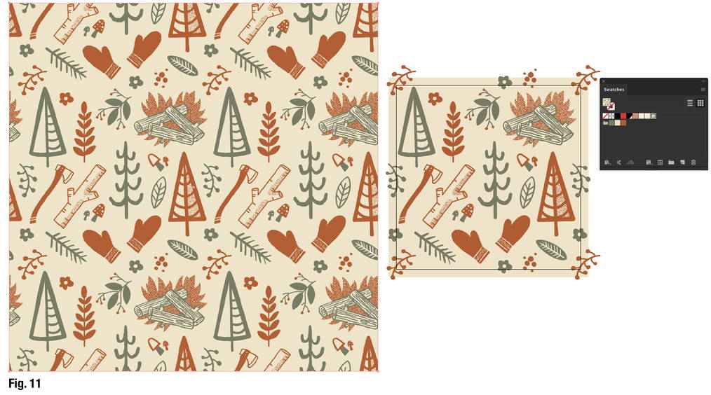 Figure 11 a pattern with forest and camping motifs, an Illustrator file featuring the same motifs, and the Swatches panel.