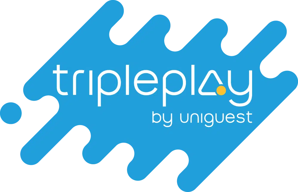 Logo of Tripleplay by Uniguest with blue background and stylized text.