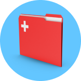 Red medical folder icon on a blue background.
