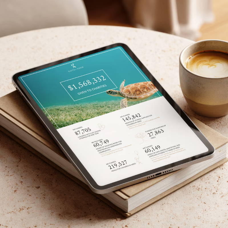 A tablet featuring Gifts for Good's 2025 Impact on books next to a cup of coffee on a table.