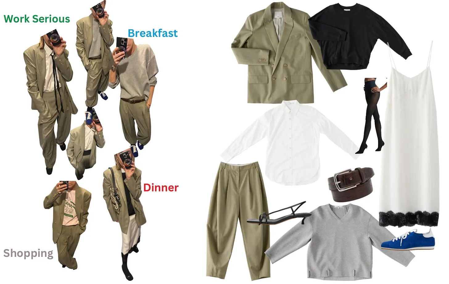 Outfit ideas displayed, including casual and formal clothing options.