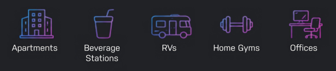 Icons representing apartments, beverage stations, gyms, home offices, and offices.