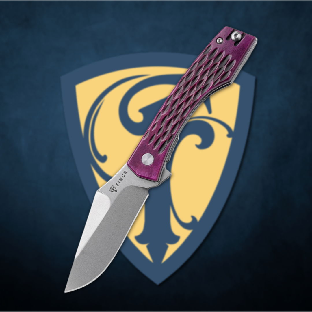 Folding knife with purple handle against a shield background.