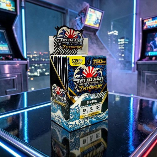 Box of fireworks with city skyline and arcade machines in the background.