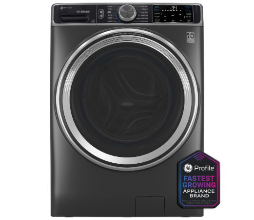 Front-loading washing machine with digital controls and energy-efficient label.