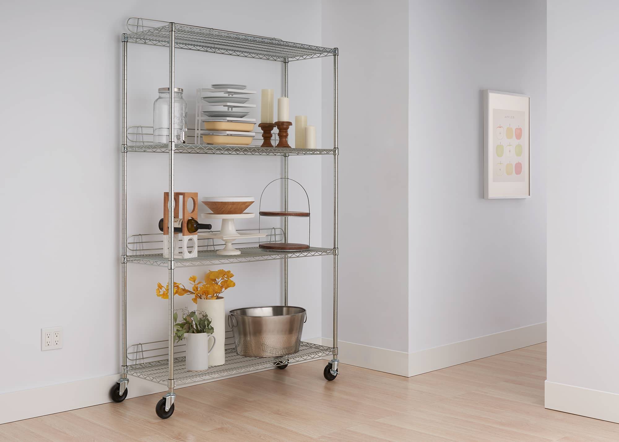 wire shelving rack in a corner of a kitchen, filled with kitchen items