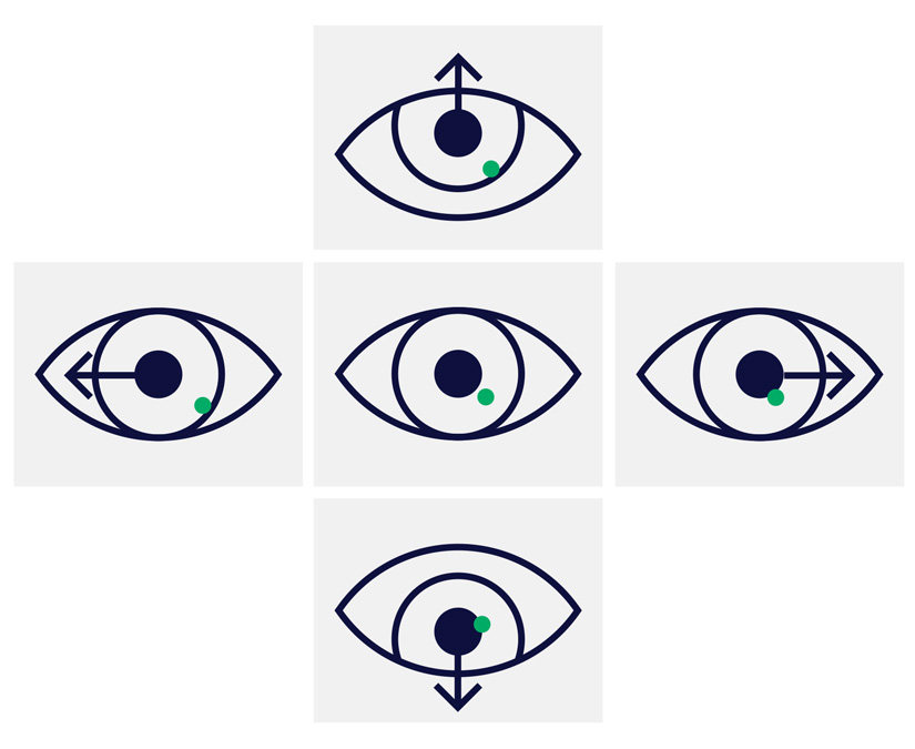 Illustration of how the Tobii Dynavox eye tracker calibrates the eyes by bright and dark pupil tracking