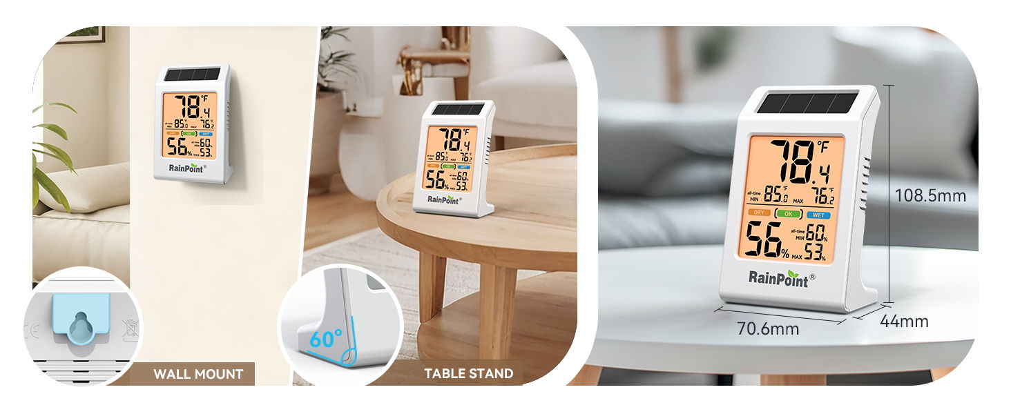 Various views of a digital thermometer displaying temperature and humidity.