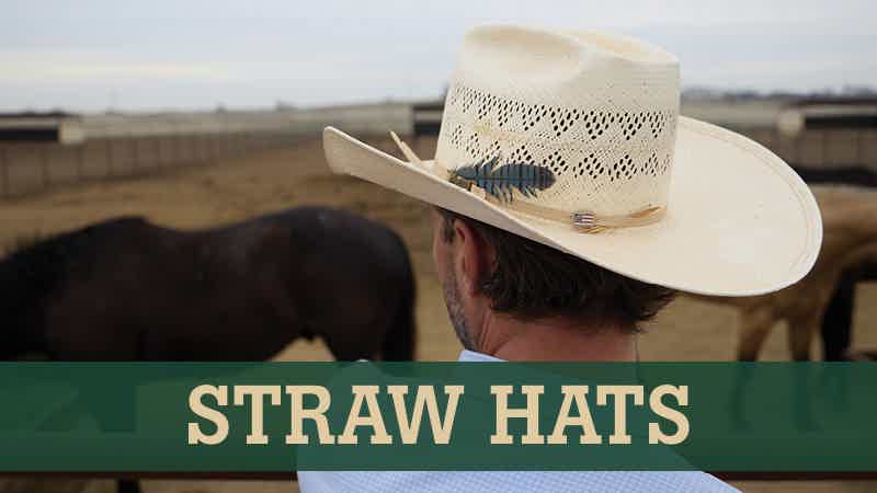 Closeup of man wearing straw cowboy hat with a feather in it with text 