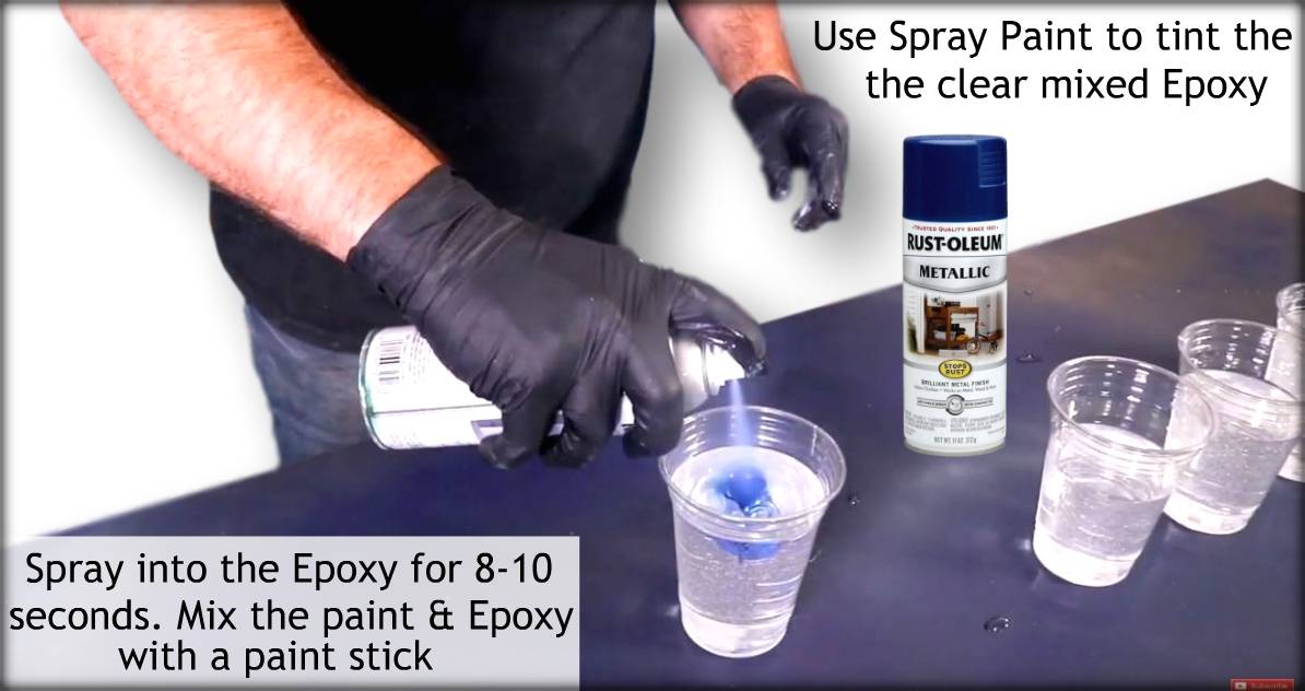 Tint clear epoxy with spray paint by spraying for 8-10 seconds, then mix the paint and epoxy with a paint stick.
