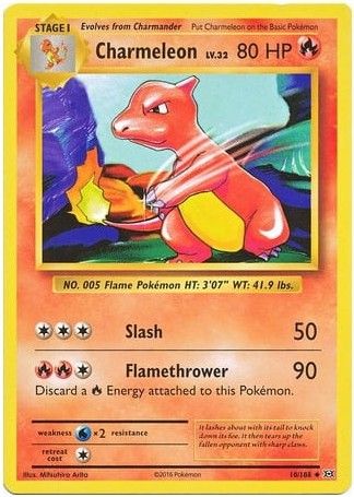 Charmeleon Pokémon card with HP, moves, and details.